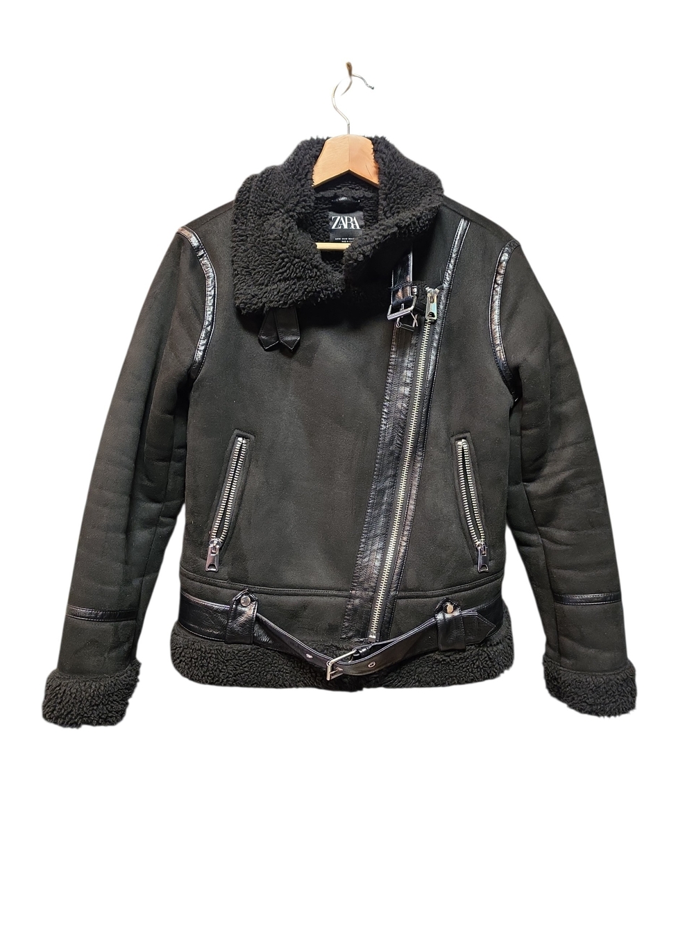 ZARA Black Faux Shearling Moto Jacket Womans Sz M